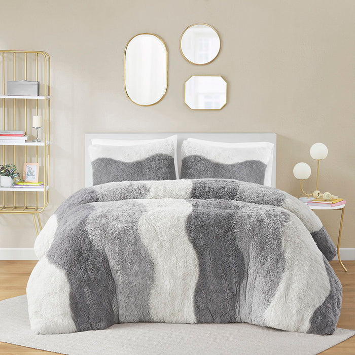 Cassie - Ombre Shaggy Faux Fur Comforter Set - Gray / White - Simple Home Plus