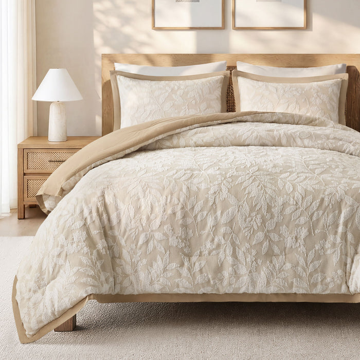Solace Leaf - Queen 3-Piece Cotton Blend Botanical Jacquard Comforter Set - Beige