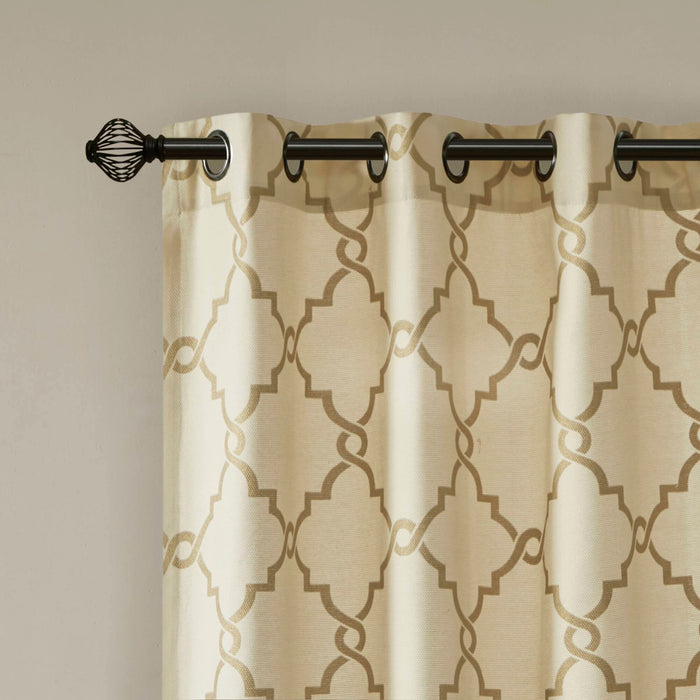 Saratoga - Fretwork Print Grommet Top Window Curtain - Beige / Gold - Simple Home Plus
