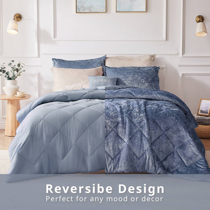 Felicia - Velvet King Comforter Set With Throw Pillow - Blue - Simple Home Plus