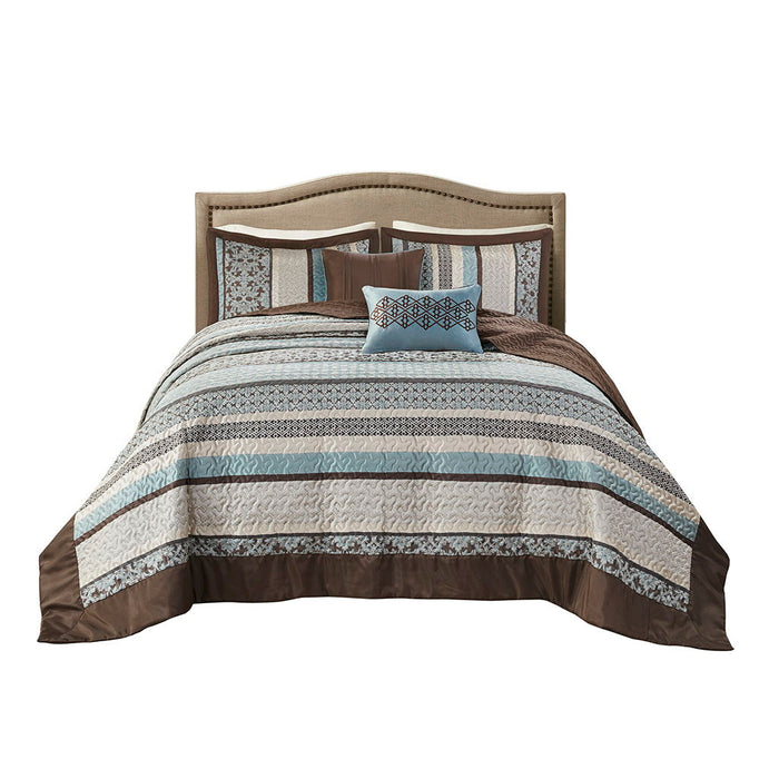 Princeton - 5 Piece Reversible Jacquard Bedspread Set - Blue - Simple Home Plus