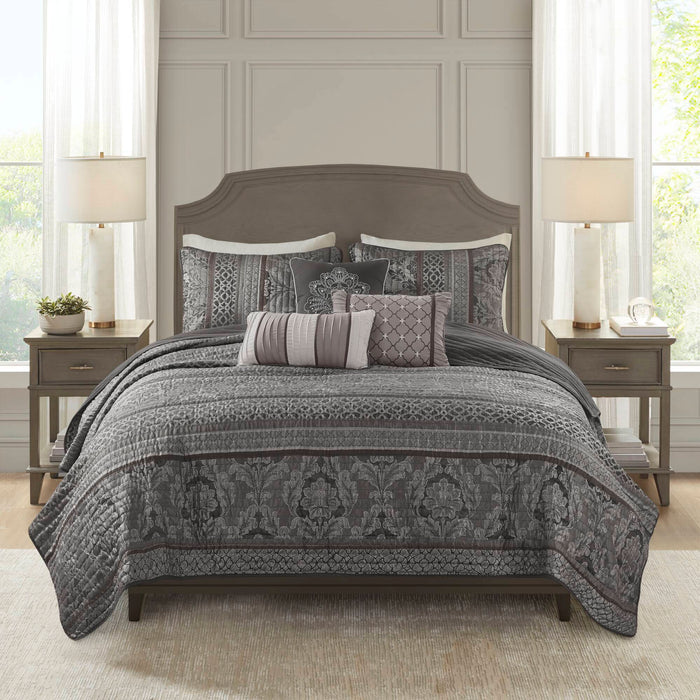 Bellagio - 6 Piece King/California King Quilt Set With Throw Pillows - Gray - Simple Home Plus