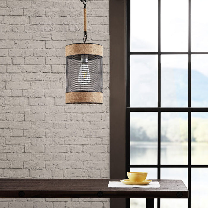Orion - Natural Rope and Metal Mesh Cylinder Pendant - Natural / Black - Simple Home Plus