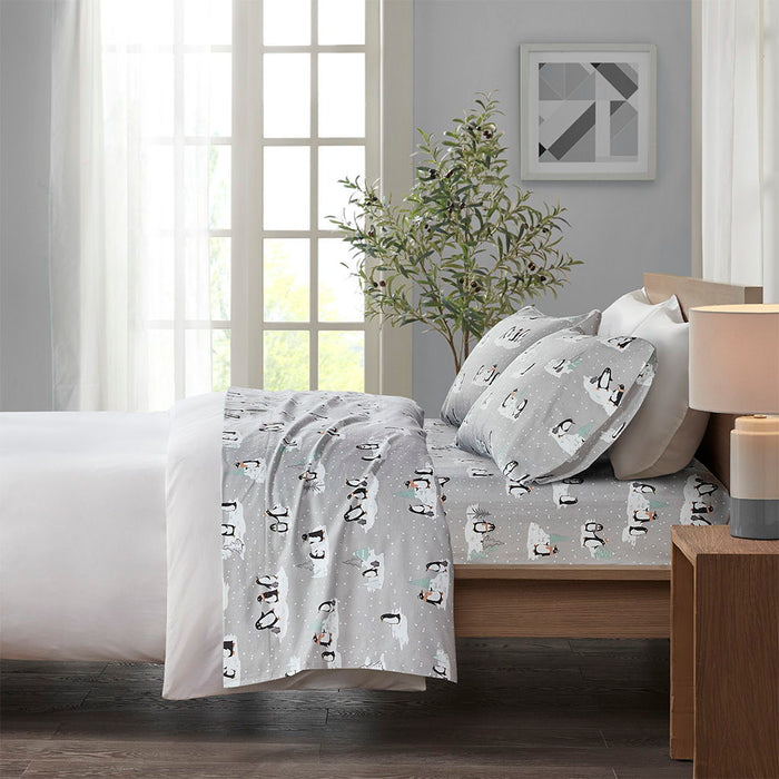 Cozy Flannel - Queen 100% Printed Sheet Set - Gray Penguins