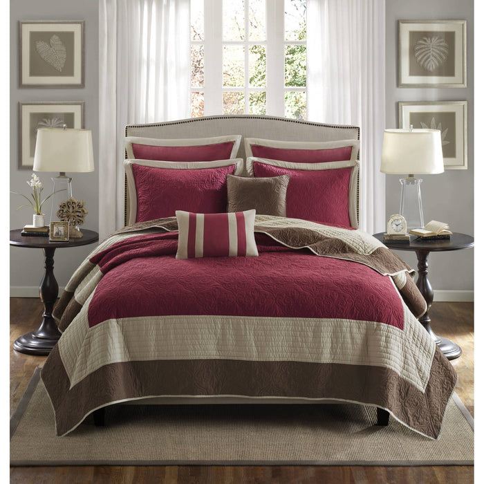 Attingham - King/California King 7 Piece Quilt Set With Euro Shams And Throw Pillows - Red - Simple Home Plus