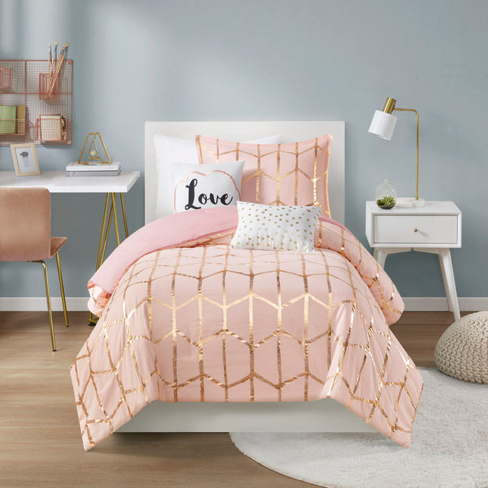Raina - Twin Metallic Printed Comforter Set - Blush / Gold - Simple Home Plus