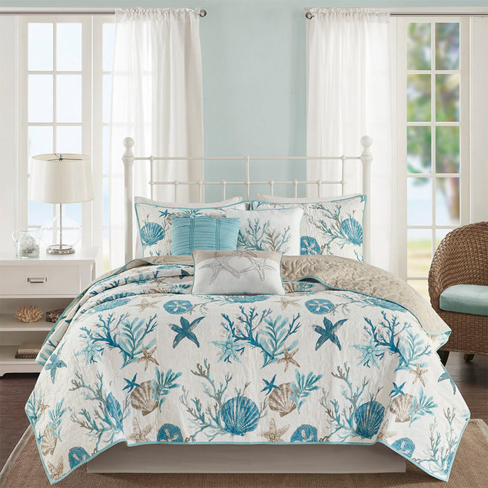 Pebble Beach - 6 Piece Cotton Sateen Quilt Set With Throw Pillows - Aqua - Simple Home Plus