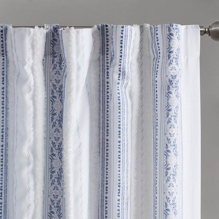 Veronica - 50x84" Poly Printed Curtain Panel With Tufted Stripe And Lining - White / Navy - Simple Home Plus