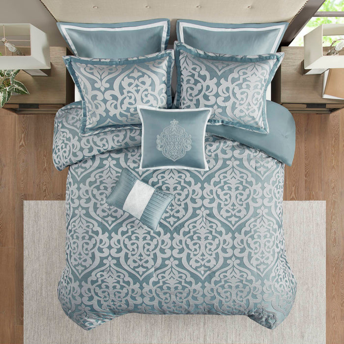 Odette - 8 Piece Jacquard Comforter Set - Aqua / Silver - Simple Home Plus