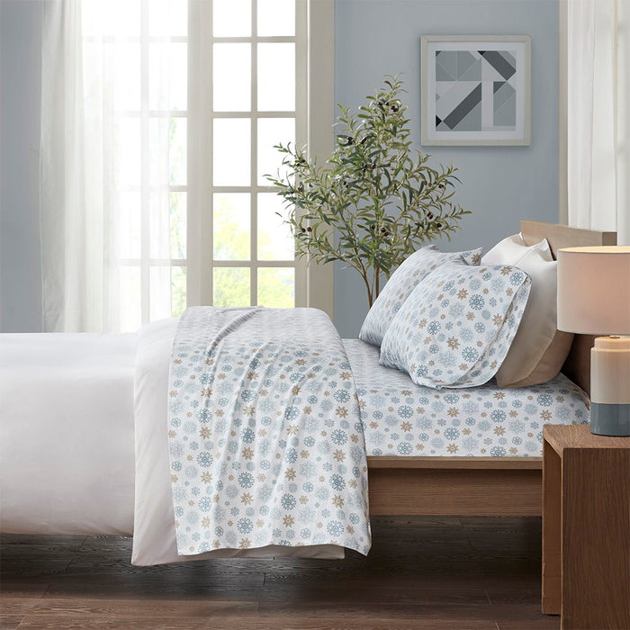 Cozy Cotton Flannel - Twin Sheet Set - Tan / Blue Snowflakes - Simple Home Plus