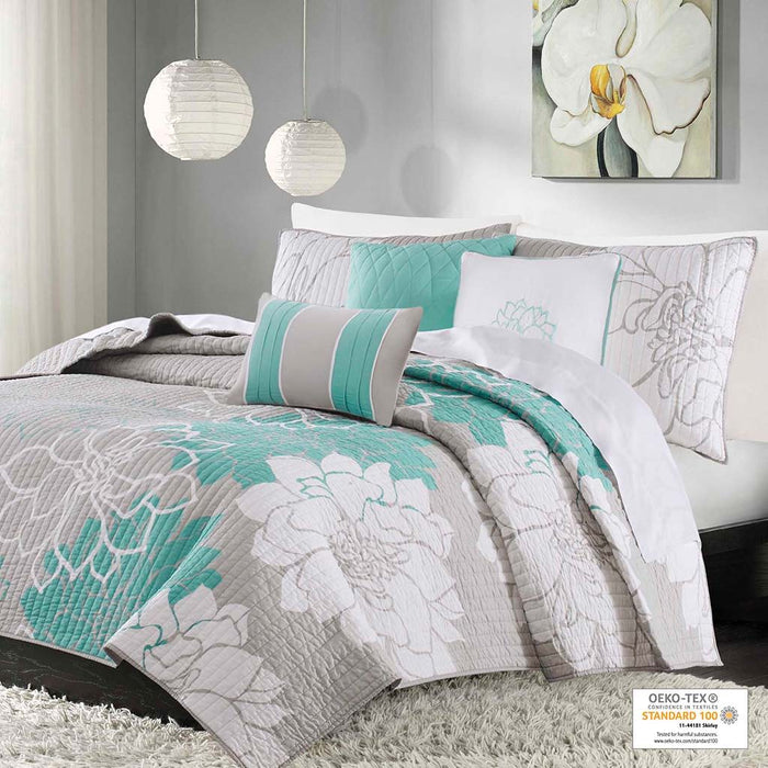 Lola - 6 Piece Reversible Printed Coverlet Set - Aqua - Simple Home Plus