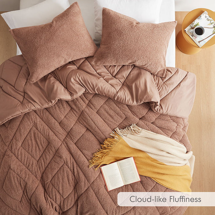 Kyla - Twin/Twin Long Double Diamond Quilted Teddy Comforter Set - Brown - Simple Home Plus