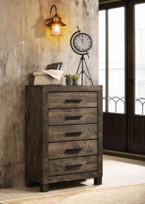 Woodmont - 5-Drawer Bedroom Chest - Rustic Golden Brown - Simple Home Plus