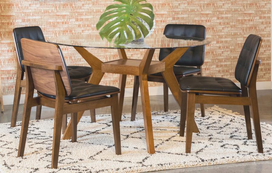 Paxton - 5 Piece Round Glass Top Dining Table Set - Nutmeg - Simple Home Plus