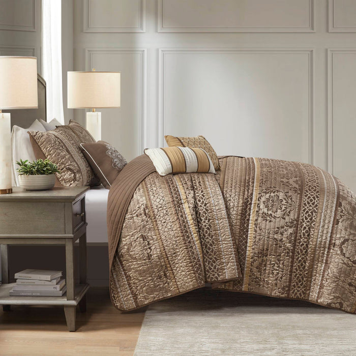 Bellagio - King 6 Piece Reversible Coverlet Set - Brown / Gold - Simple Home Plus