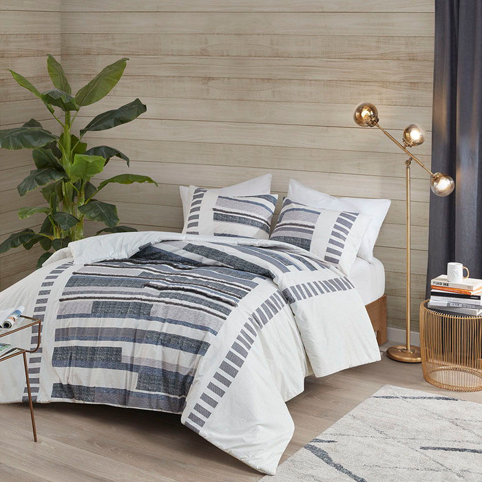 Serena - King 3 Piece Printed Comforter Set With Trims - Navy - Simple Home Plus