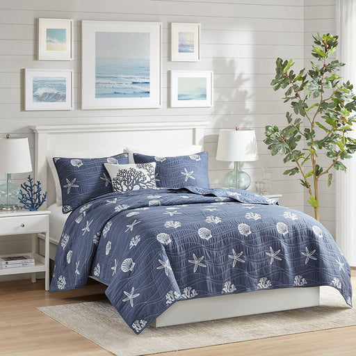 Seaside - 4 Piece Full Cotton Reversible Embroidered Quilt Set With Throw Pillow - Navy - Simple Home Plus