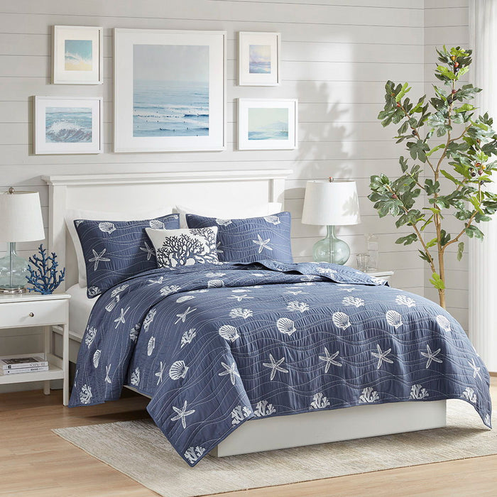 Seaside - 4 Piece King Cotton Reversible Embroidered Quilt Set With Throw Pillow - Navy - Simple Home Plus