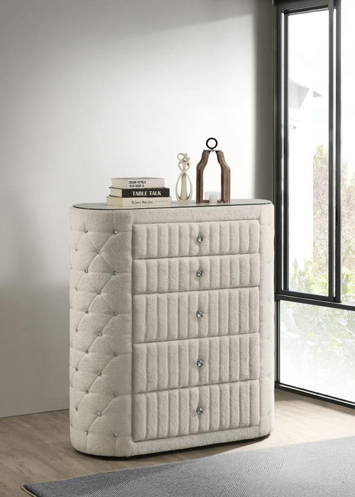 Sonya - 5-Drawer Upholstered Bedroom Chest Of Drawers - Ivory - Simple Home Plus
