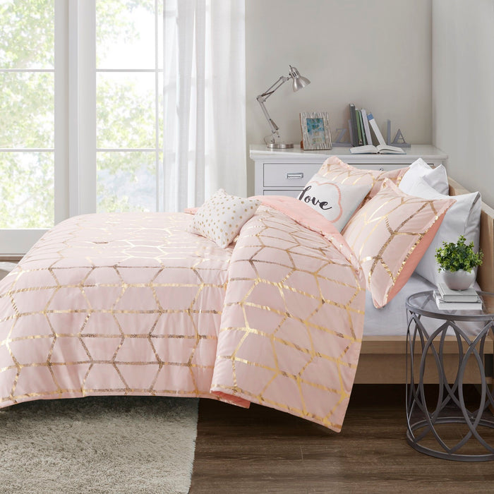 Raina - Polyester Brushed Microfiber Printed Comforter Set - Blush / Gold - Simple Home Plus