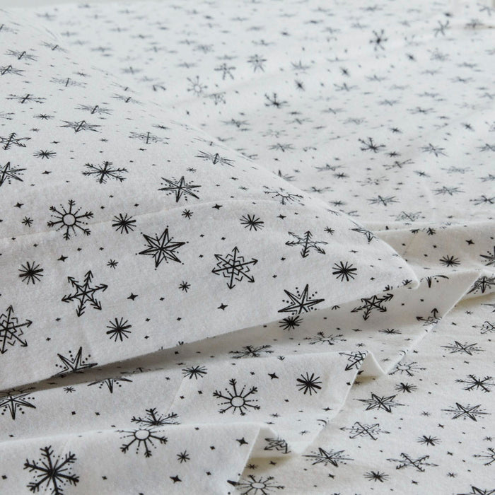 Oversized Flannel - 4 Piece Full Sheet Set - Black Snowflakes - Simple Home Plus