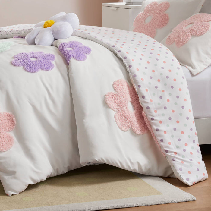 Gracie - Floral Reversible Tufted Chenille Comforter Set With Flower Throw Pillow - White / Purple - Simple Home Plus