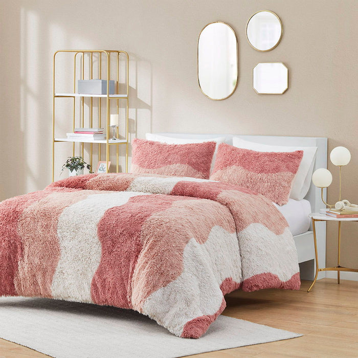 Cassie - Full Ombre Shaggy Faux Fur Comforter Set - Blush Multi - Simple Home Plus