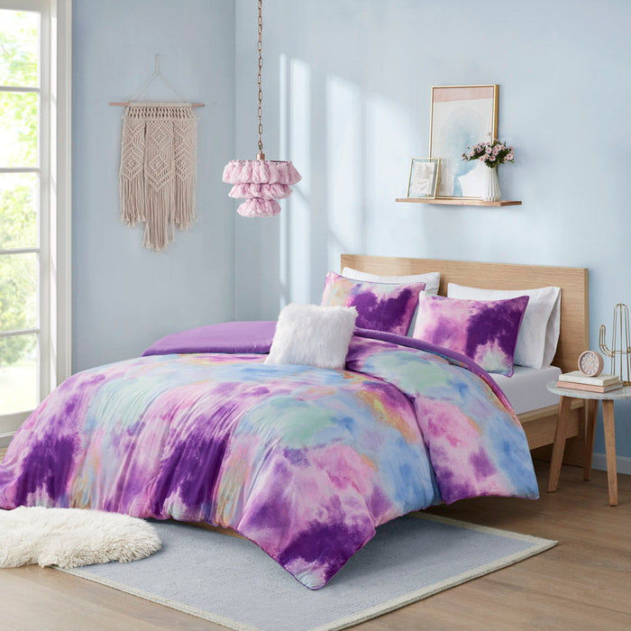 Cassiopeia - King Watercolor Tie Dye Printed Duvet Cover Set With Throw Pillow - Lavender - Simple Home Plus