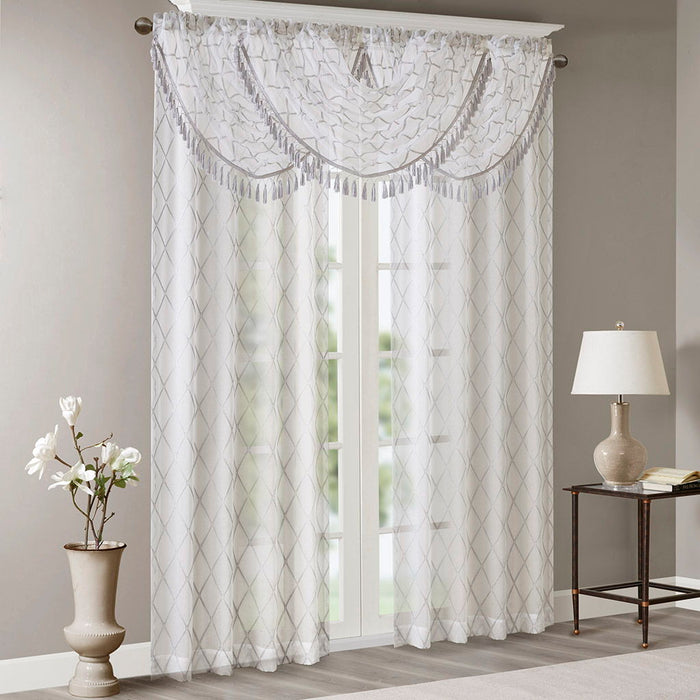 Irina - Diamond Sheer Embroidered Waterfall Valance - White / Gray - Simple Home Plus