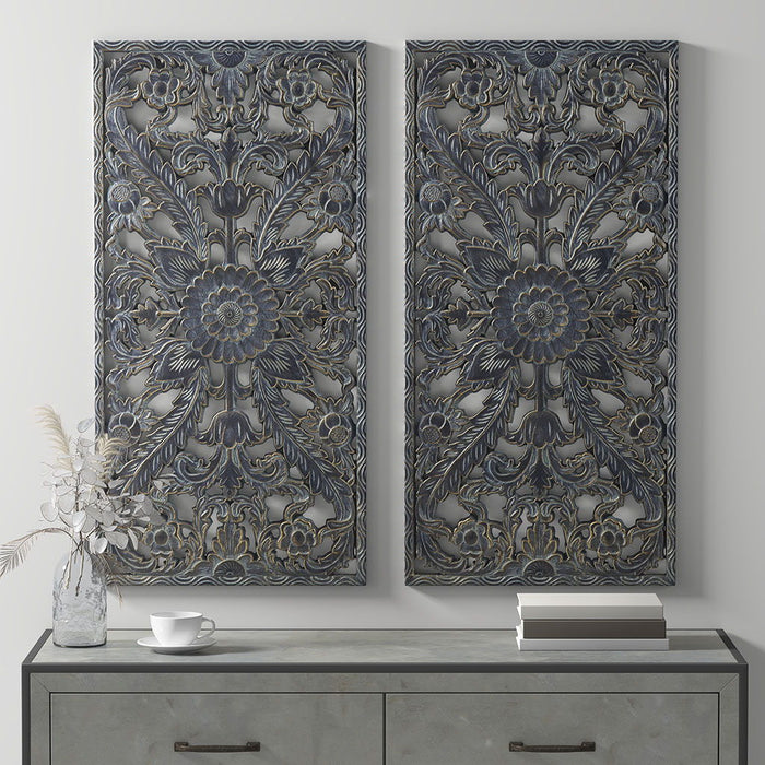 Botanical Panel - Carved Wall Decor (Set of 2) - Antique Blue - Simple Home Plus