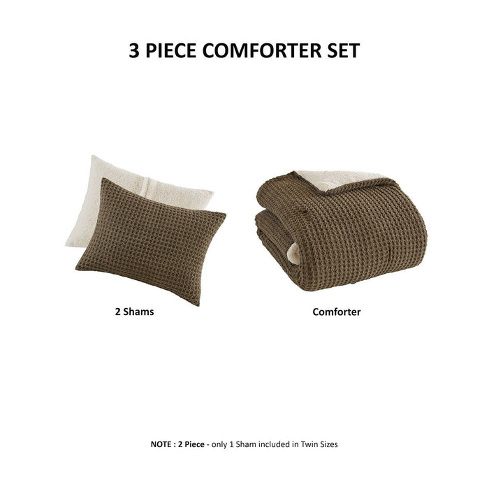 Riordan - 3 Piece Full/Queen Waffle Knit Comforter Set - Brown - Simple Home Plus