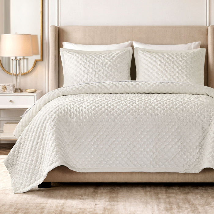 Charleston - 3 Piece Queen Velvet Coverlet Mini Set - White