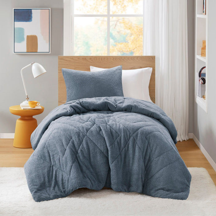 Kyla - Twin/Twin Long Double Diamond Quilted Teddy Comforter Set - Blue - Simple Home Plus