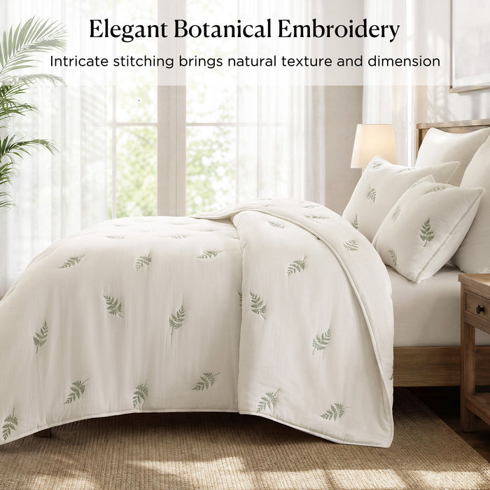Willow Embroidered Botanical - Full/Queen 100% Cotton Lightweight 3 Piece Quilt Set - White / Sage