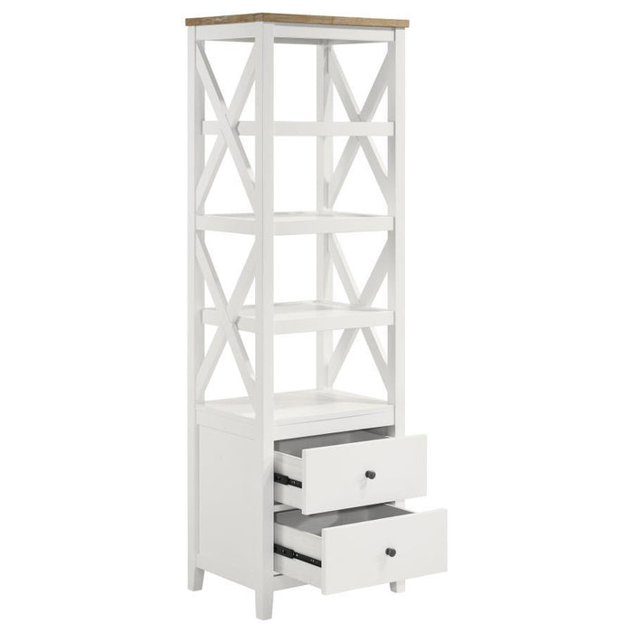 Hollis - 4-Shelf Wood Media Tower With Drawers - Brown And White - Simple Home Plus