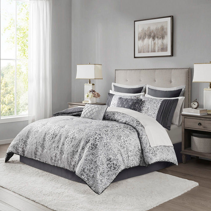 Emilia - 12 Piece King Jacquard Comforter Set With Bed Sheets - Silver - Simple Home Plus