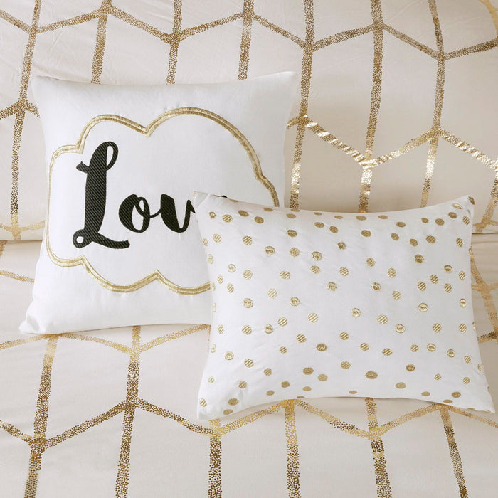 Raina - Twin Metallic Printed Comforter Set - Ivory / Gold - Simple Home Plus