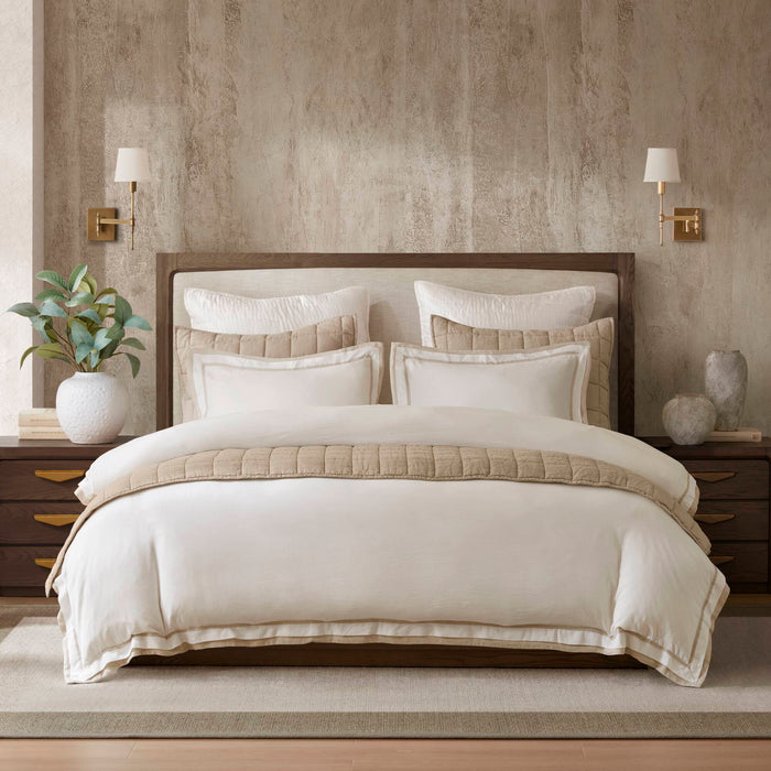 Linen Blend - King/California King Duvet Cover Set - White/Gold - Simple Home Plus
