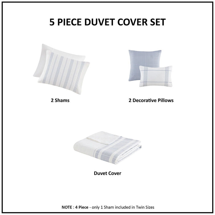 Morgan - 5 Piece Cotton Jaquard Duvet Set - White / Blue - Simple Home Plus