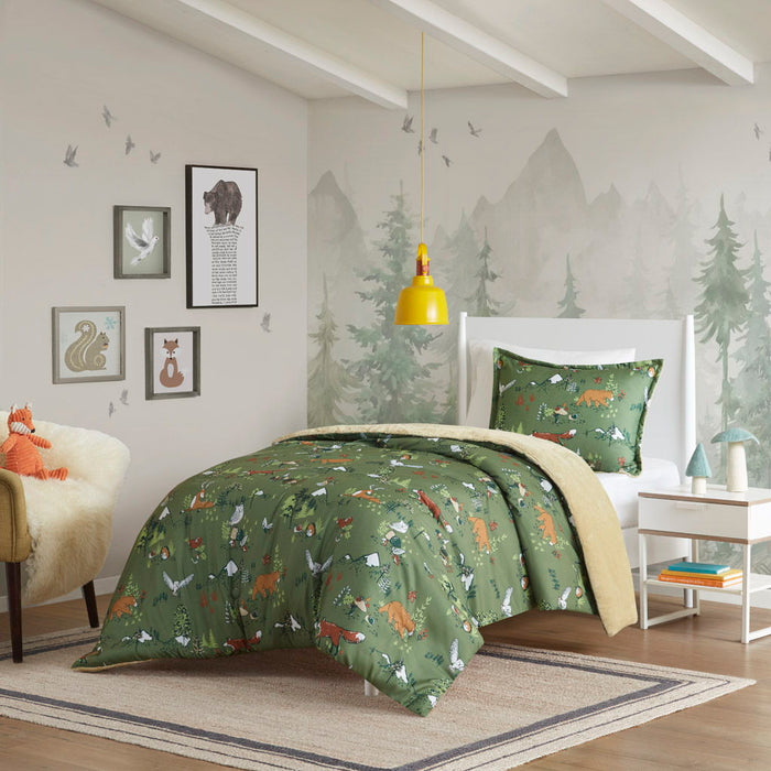 Heath - Forest Animals Plush Reversible Twin Comforter Set - Green - Simple Home Plus