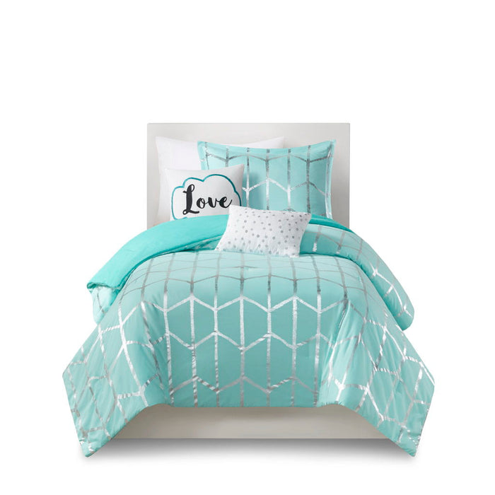 Raina - Twin Metallic Printed Comforter Set - Aqua / Silver - Simple Home Plus