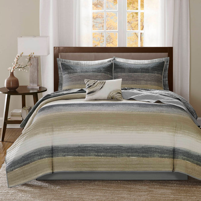 Saben - Queen Complete Reversible Coverlet And Sheet Set - Taupe - Simple Home Plus