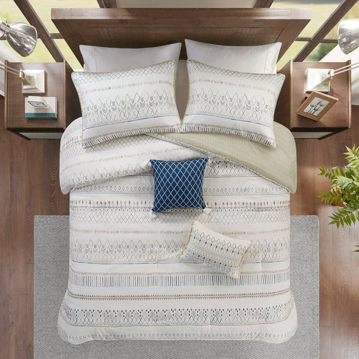Fraser - 5 Piece Full Printed Seersucker Comforter Set With Throw Pillows - Taupe Multi - Simple Home Plus