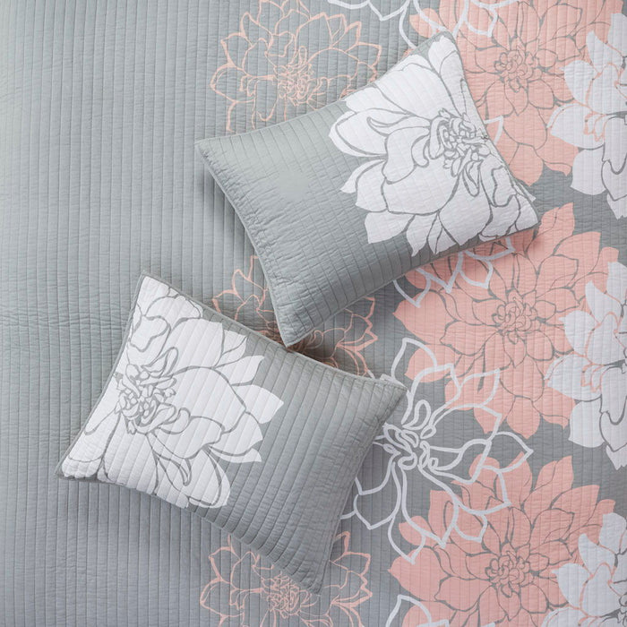 Lola - King 6 Piece Reversible Printed Coverlet Set - Gray / Blush - Simple Home Plus