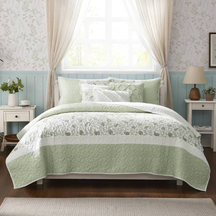 Dawn - 6 Piece Full/Queen Percale Quilt Set With Throw Pillows - Sage Green - Simple Home Plus