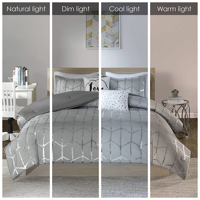 Raina - Twin Metallic Printed Comforter Set - Gray / Silver - Simple Home Plus