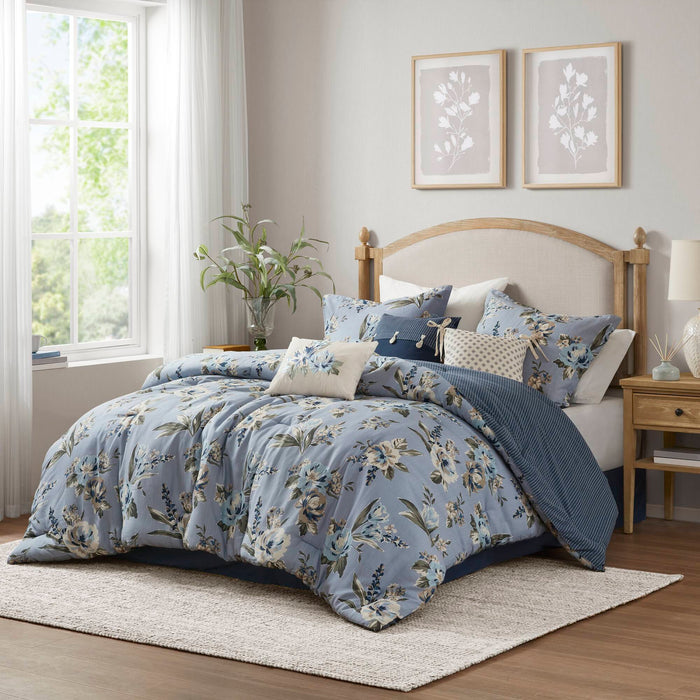 Salara - 7 Piece King Vintage Floral Comforter Set - Blue - Simple Home Plus