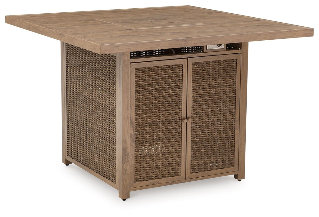 Walton Bridge - 5 Pc. - Square Bar Table W/Fire Pit, 4 Barstools - Driftwood - Simple Home Plus