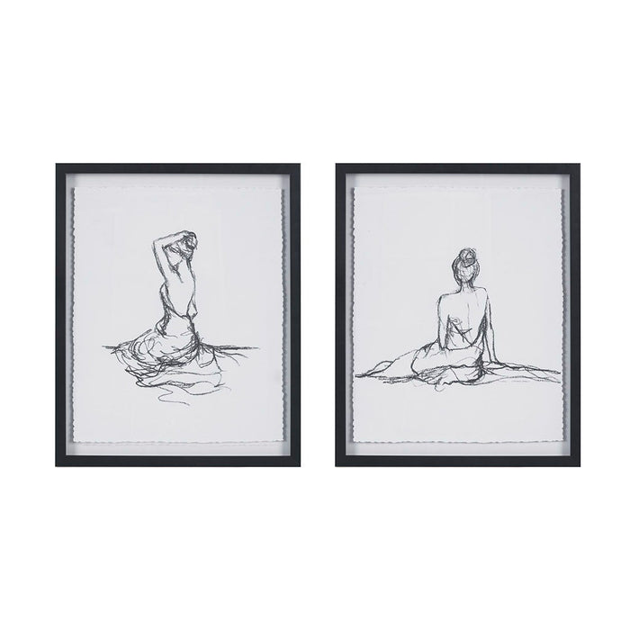 Feminine Figures - Deckle Edge Sketch Framed Wall Art (Set of 2) - Black / White - Simple Home Plus