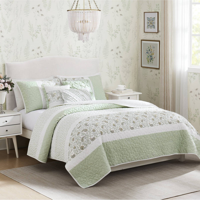 Dawn - 6 Piece Full/Queen Percale Quilt Set With Throw Pillows - Sage Green - Simple Home Plus